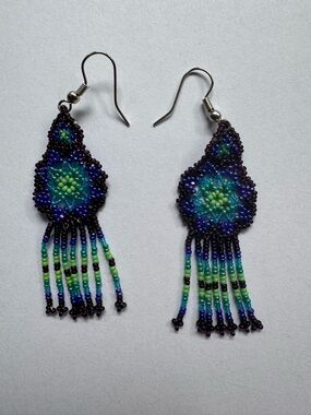 Handmade Blue & Green Beaded Fringe Earrings